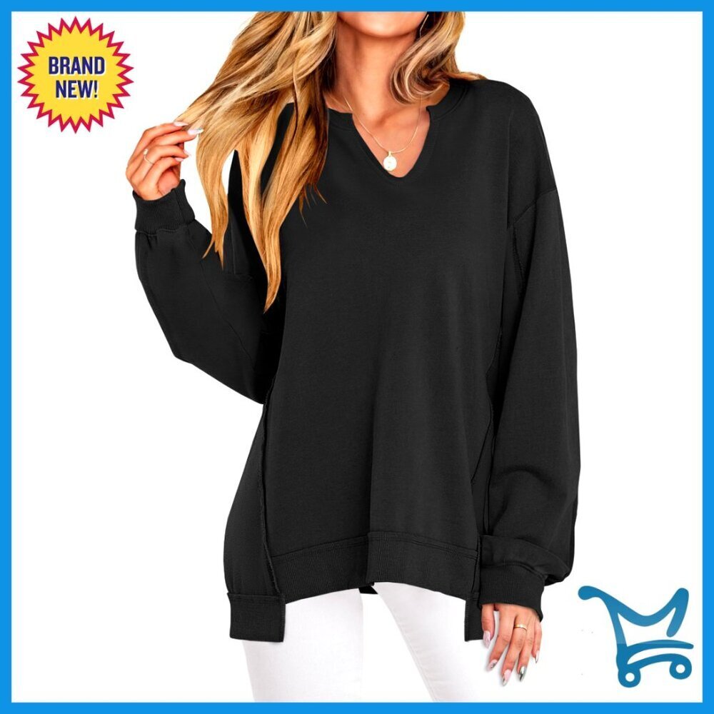 Oversized V-Neck Sweatshirt Patchwork Design Long Hem Loose Pullover Chic Casual
